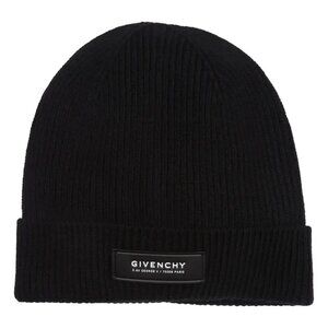 Givenchy Italy Wool/Cashmere Leather Patch Beanie Hat in Black Unisex